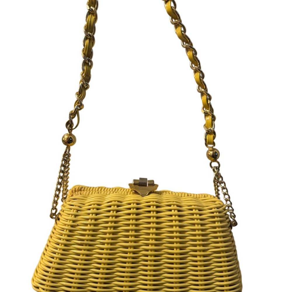 70s Yellow Woven Handbag/ Shoulderbag Women’s Purse Gold Strap